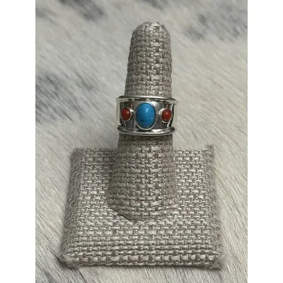 Joseph Esposito ESPO SIG 925 Sterling Silver Turquoise & Coral Wide Band Ring 7